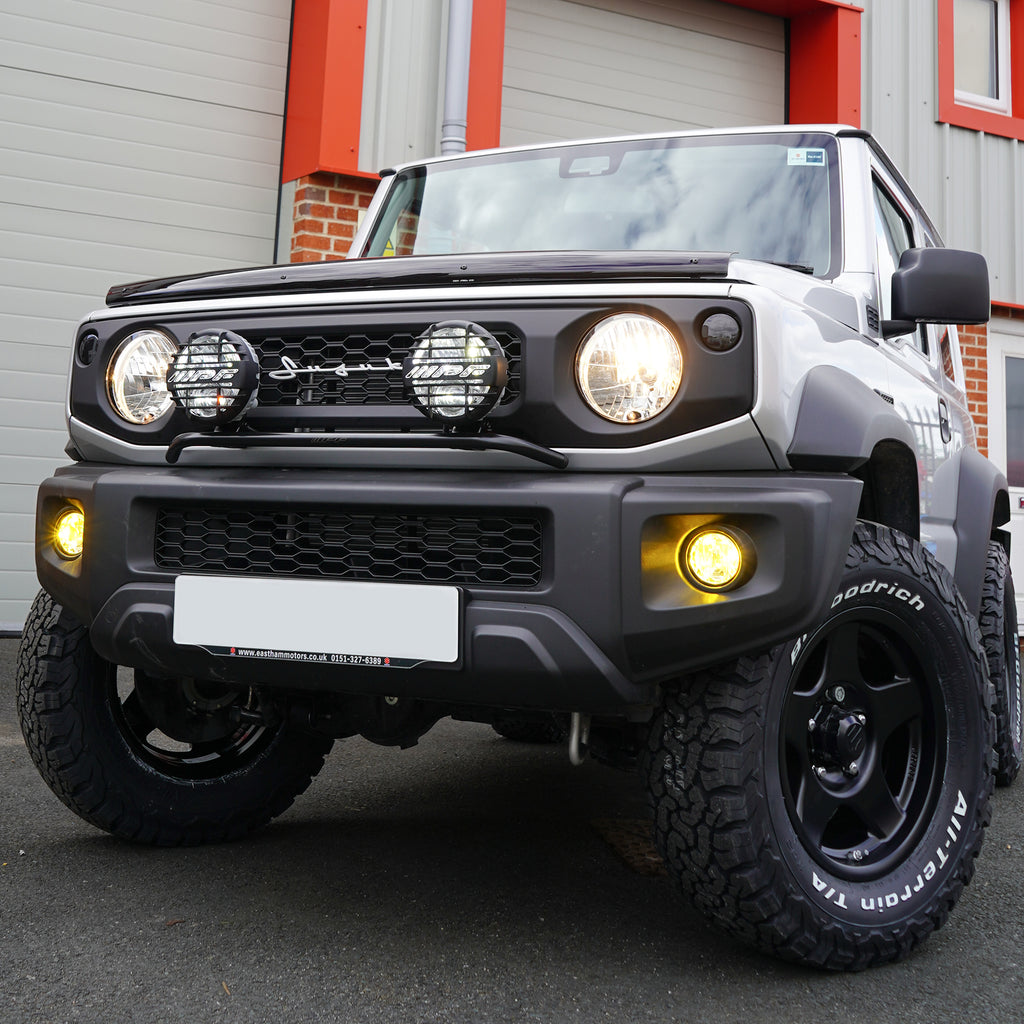 IPF Front Bumper Lamp Stay for Suzuki Jimny (2018+) with IPF lights IPF 950 Super Rally LED Spot & Driving Hybrid Lamps JimnyStyle fitted at Street Track Life